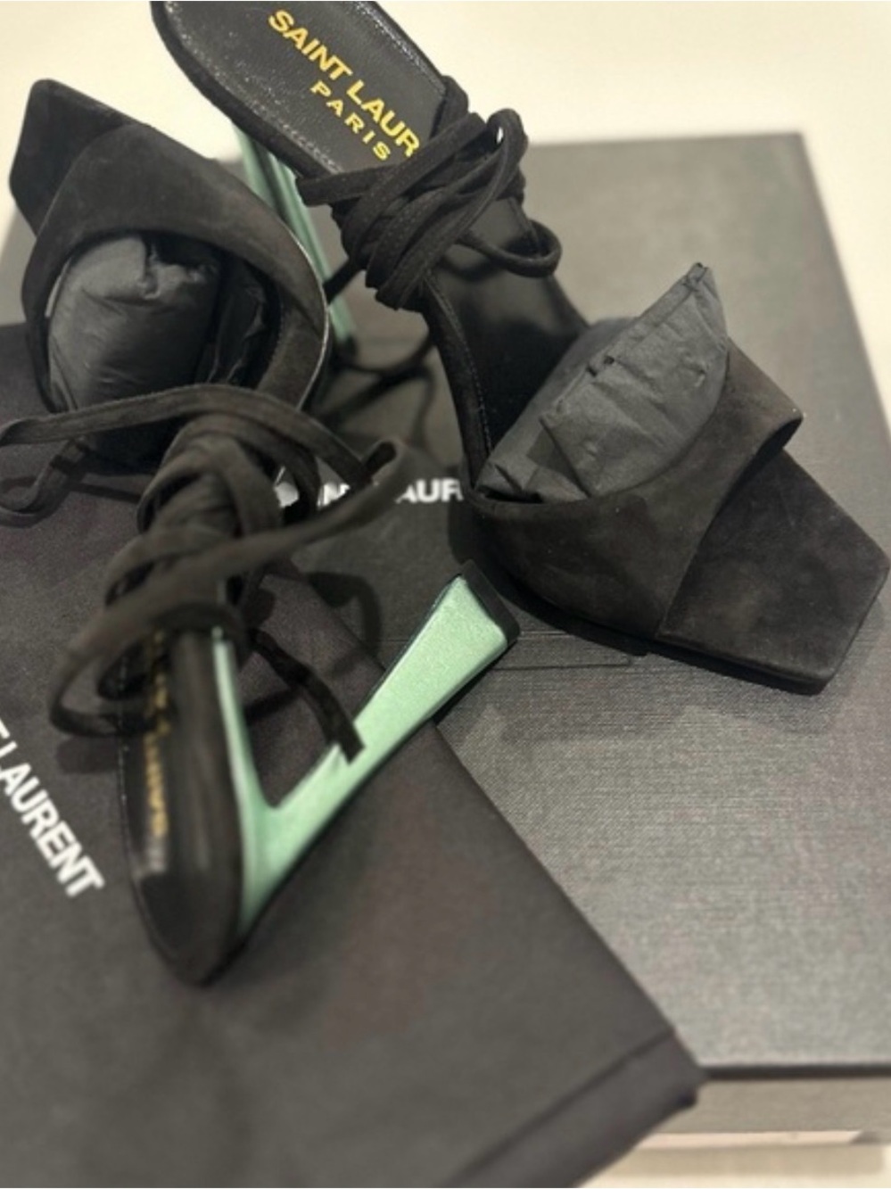 YSL -NIB size 6.5 Saint Laurent Black Suede Lace-Up Square Sandal green Heels